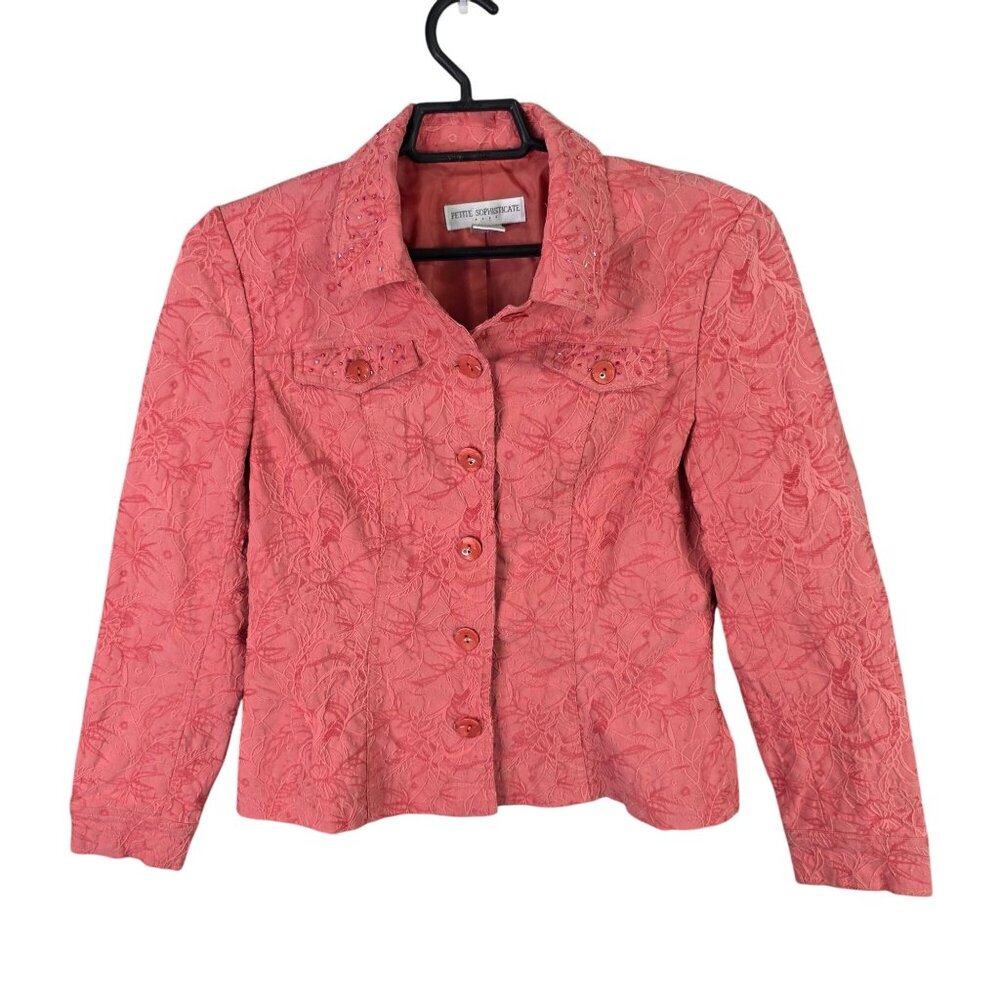 Womens Petite Sophisticate Coral Textured Floral Jacket Button Up Cotton Blend M